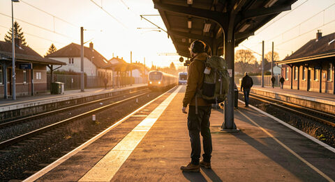 Eine Reisende mit Rucksack auf einem stillen Bahnsteig im Morgenlicht