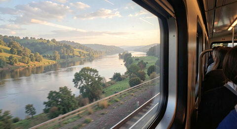 Ein weites Flusstal aus dem Fenster eines fahrenden Zuges im Morgenlicht