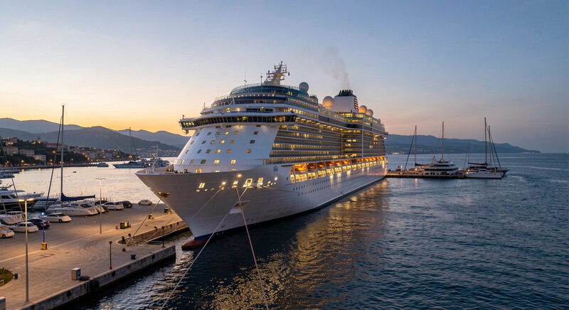 A large cruise ship docked at a Mediterranean harbour at dusk with lights along the deck.